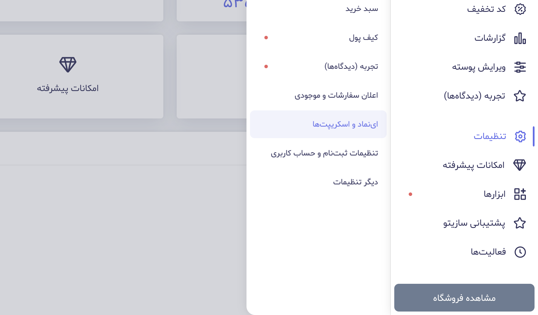 انتخاب بخش اینماد و اسکریپتها در تنظیمات سازیتو