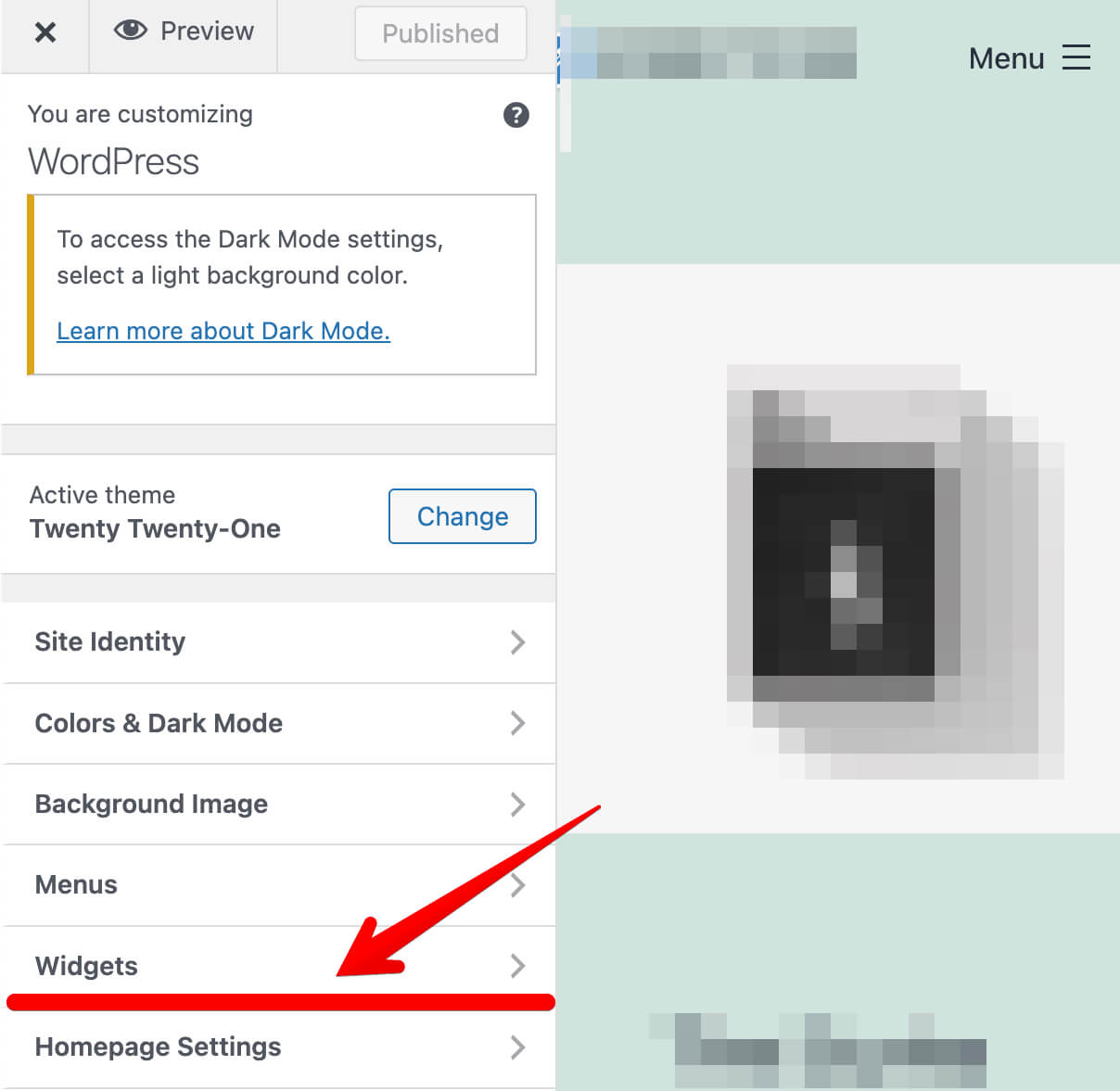 انتخاب بخش Widgets در Customize وردپرس